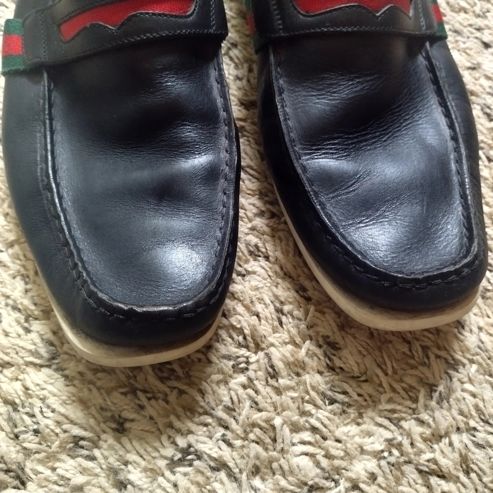 GUCCI  FLAG Black Leather Boat Deck Loafers sz 9 - Picture 3 of 11